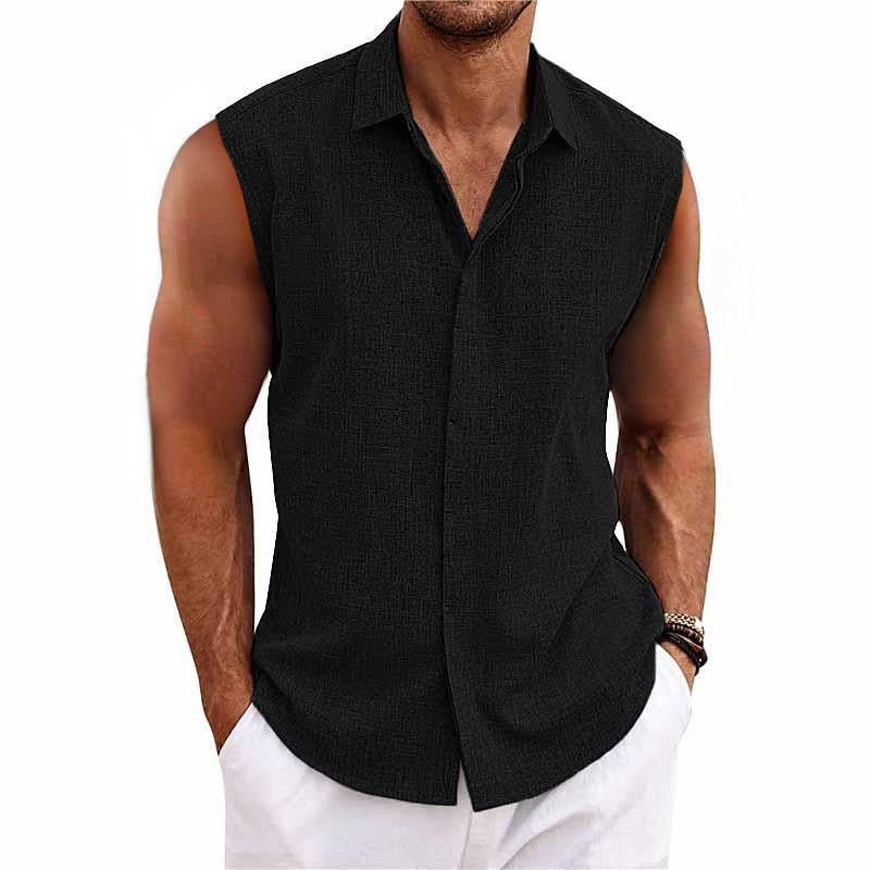Versatile men's sleeveless buttondown shirt. Great for casual summer outings and relaxed resortwear.