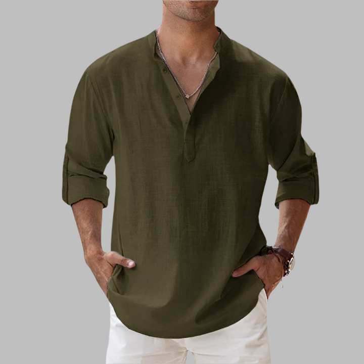 Relaxed fit men's button-down summer shirt. Casual long sleeve collared top for warm weather fashion & comfort.