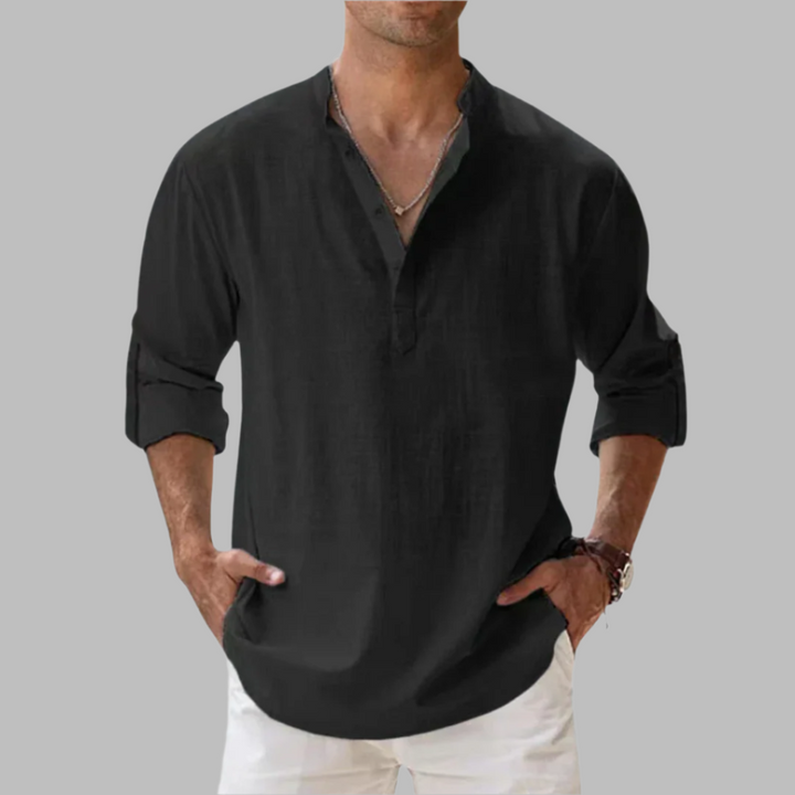 Casual men's long sleeve button-down shirt. Relaxed fit for summer vacations, beach, or everyday warm weather.