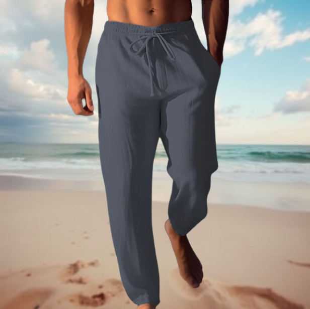 Stylish men's relaxed fit summer trousers, designed for breathable comfort and casual elegance.