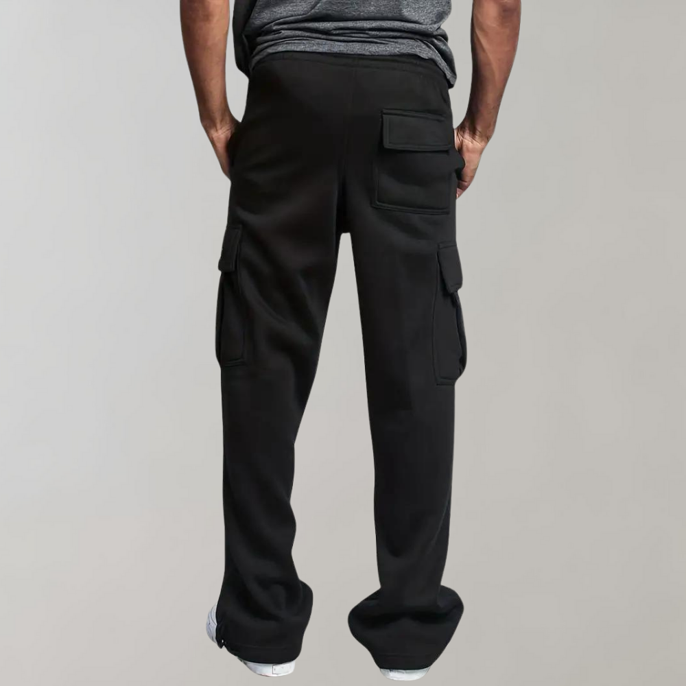 Black men's relaxed fit tactical cargo pants, durable and functional for outdoor activities.