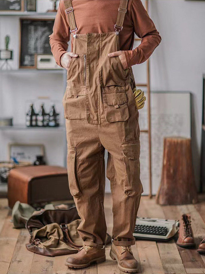 Modern men's utility cargo overalls with multiple pockets, great for casual style and practical menswear.