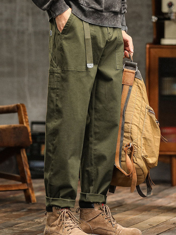 Khaki men's relaxed fit utility cargo pants, comfortable & durable for daily activities.