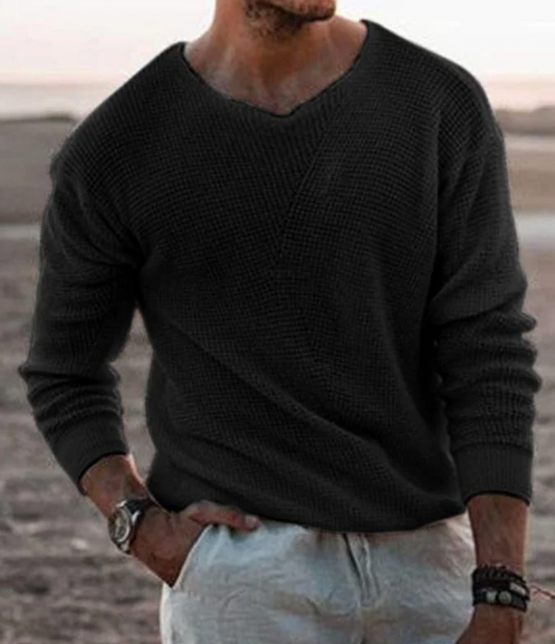 Stylish men's relaxed fit v-neck jumper. Waffle knit, long sleeve, perfect for fall fashion.