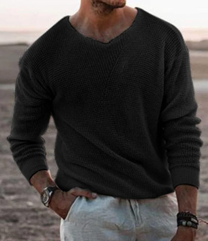 Stylish men's relaxed fit v-neck jumper. Waffle knit, long sleeve, perfect for fall fashion.