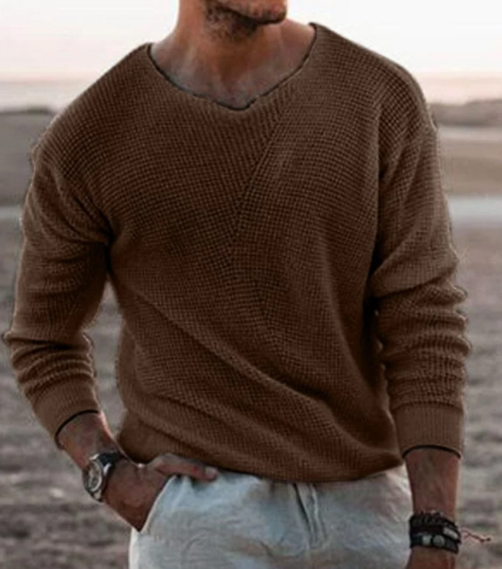 Men's comfortable relaxed fit waffle knit pullover. Long-sleeve v-neck for casual everyday wear.