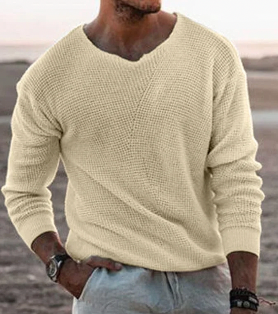 Tim men's relaxed fit long-sleeve waffle-knit sweater. V-neck top, great for fall & winter fashion.