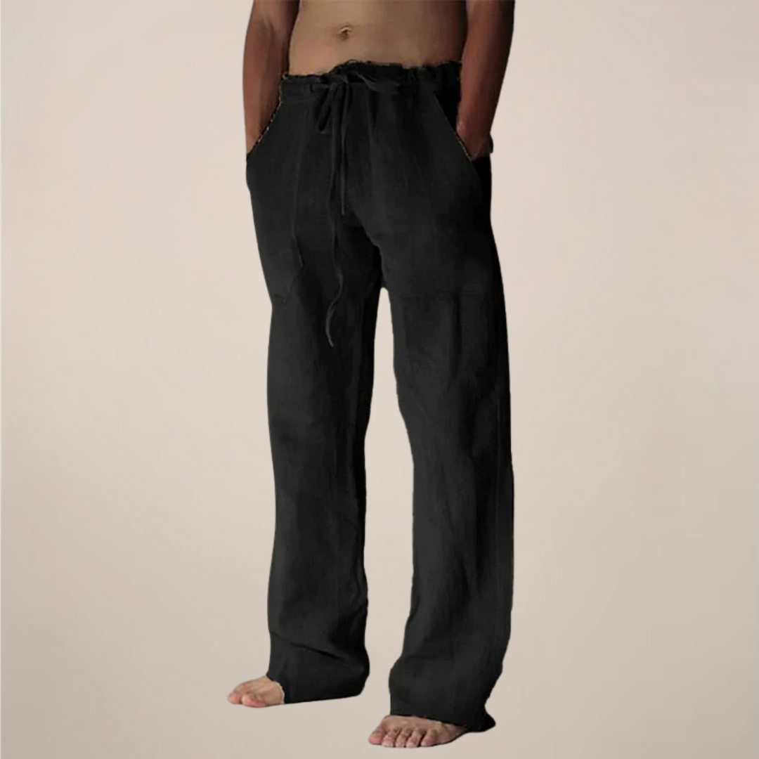 Lightweight, easy-care men's wide leg drawstring trousers for ultimate summer comfort.