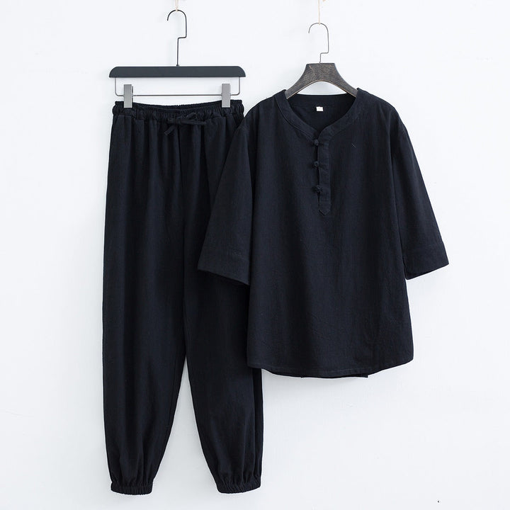 Front view of a men's linen blend two-piece set, great for summer fashion and casual outings