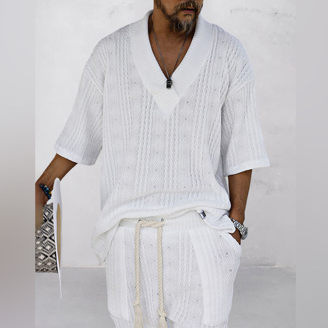 Men's casual V-neck shirt & shorts set. Great for relaxing, summer outings, or daily wear. Lounge wear comfort.
