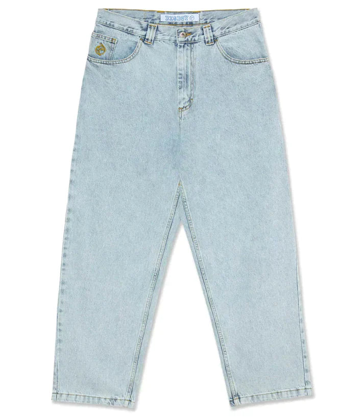 Back view of Men's Relaxed Wide-Leg Denim Pants, showcasing wide leg opening and pocket design