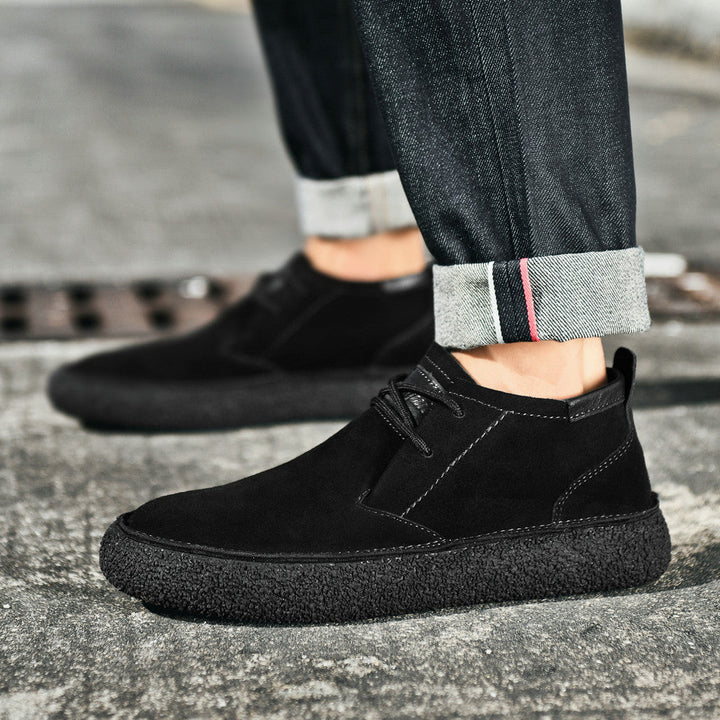 Side view of men's retro brown suede orthopedic shoes, slip-resistant sole