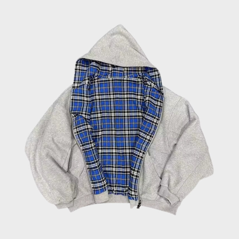 Men's reversible oversized hoodie: one side solid, one side checkered; versatile streetwear casual top.