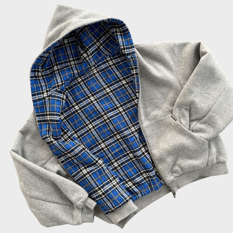 Men's reversible zipper hoodie, oversized design with solid and checkered patterns for versatile casual wear.