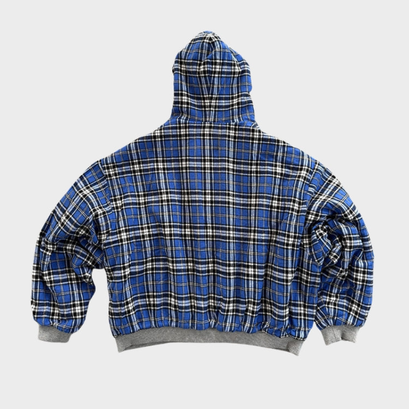 Reversible men's oversized hoodie: stylish checkered pattern on one side, classic solid on the other.