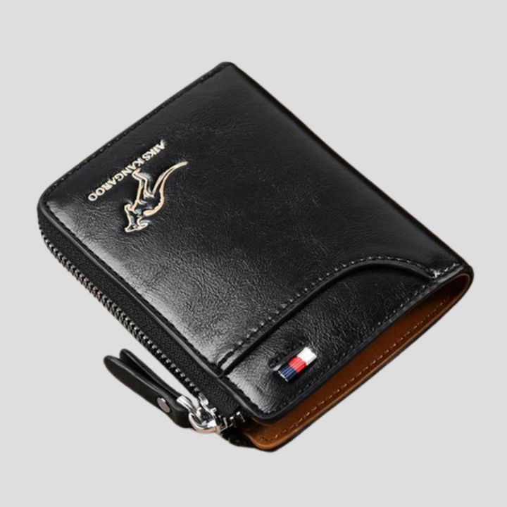 Men's RFID blocking security wallet in black leather, compact anti-theft credit card holder for travel & EDC.