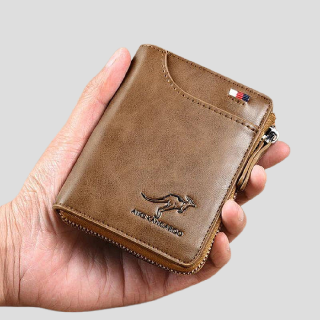 Sleek leather men's RFID blocking wallet, a durable anti-theft security accessory for cards & cash.
