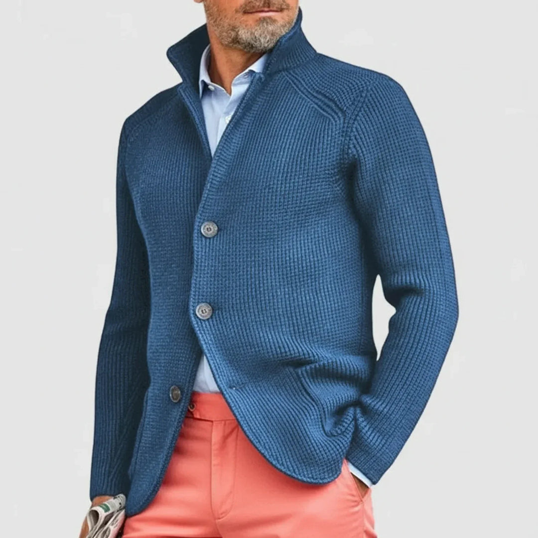Men's long sleeve ribbed button-front cardigan. A stylish, comfortable sweater for fall.