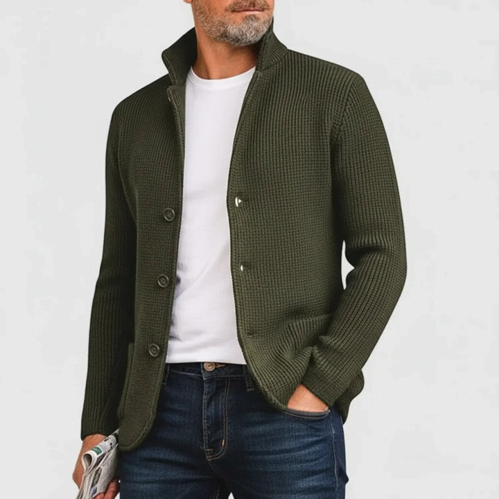 Stylish men's ribbed button-front cardigan. Comfortable long sleeve sweater for versatile layering.