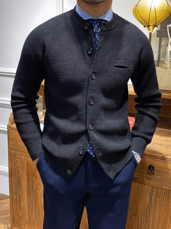 Men's ribbed cardigan sweater, cozy knit with button front, long sleeves, and crew neck for smart casual style.
