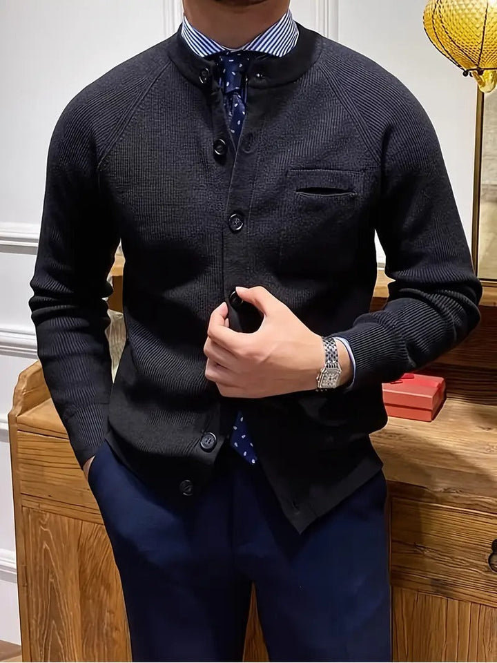 Versatile men's ribbed knit cardigan with button front and chest pocket, perfect for all-season layering.