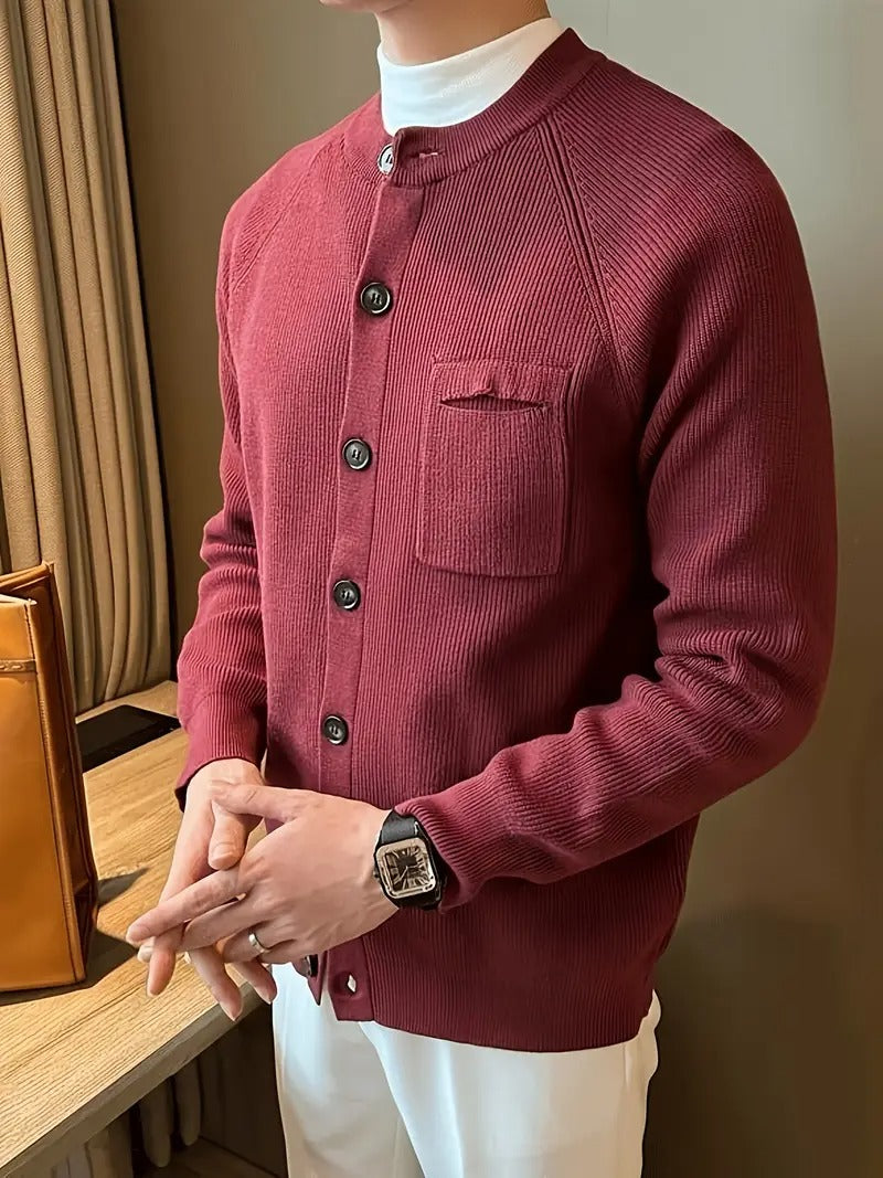 Stylish men's ribbed crew neck cardigan sweater with practical button front, a versatile layering piece.