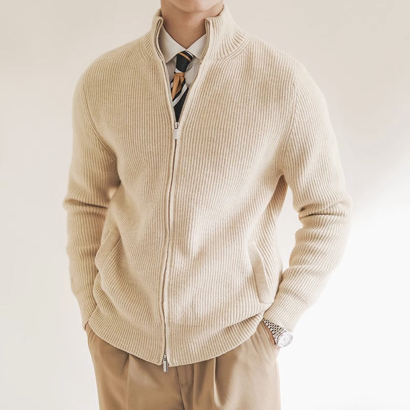 Men's ribbed full-zip knit cardigan with stand collar. Perfect for versatile fall fashion & winter layering.