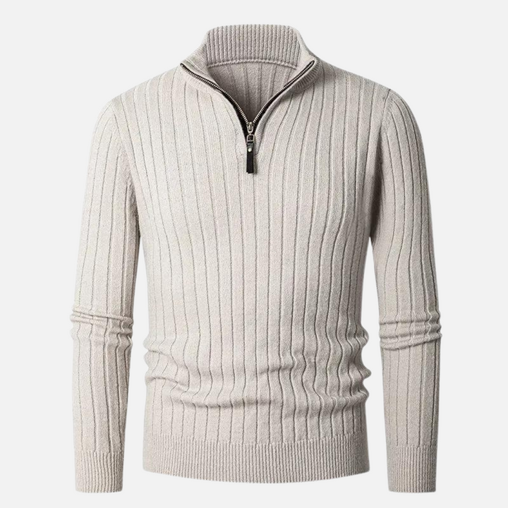 Men's ribbed half-zip sweater in a versatile neutral shade, perfect for casual or sophisticated layering.