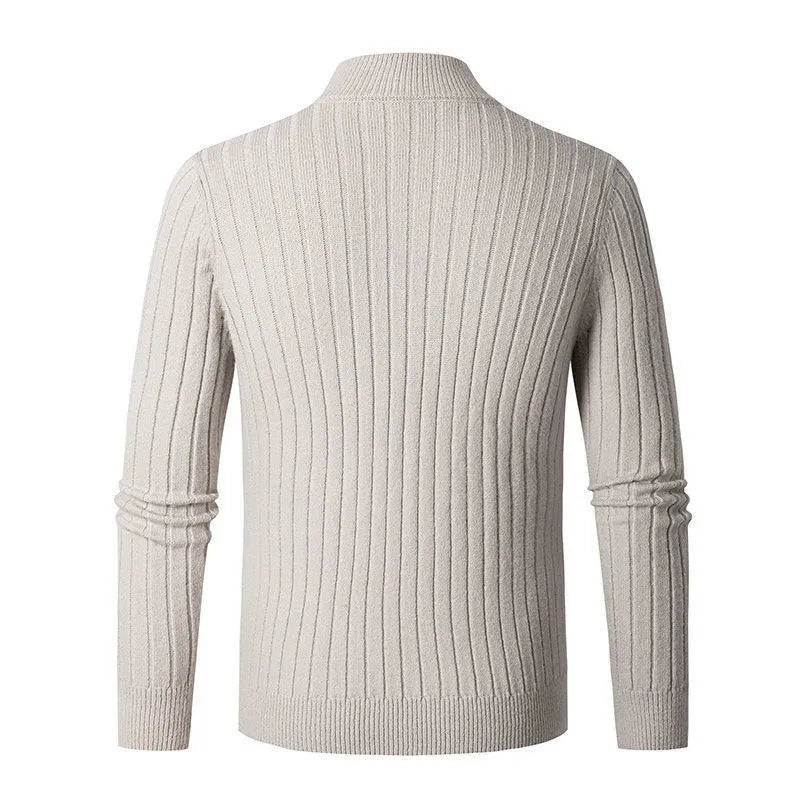 Stylish men's long sleeve ribbed half-zip sweater for versatile layering and comfort.