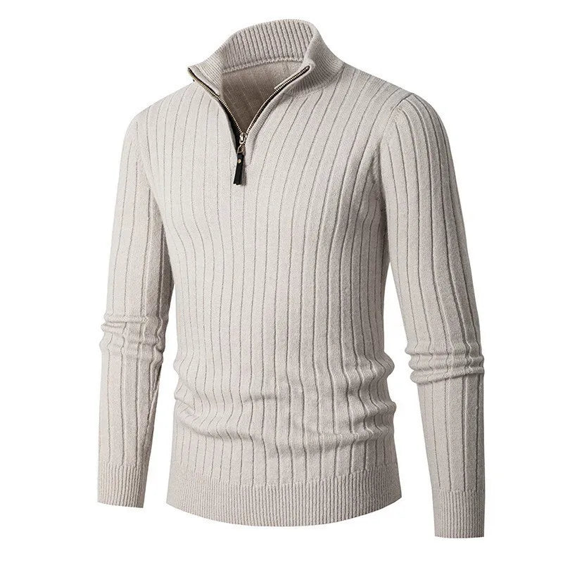 Neutral men's ribbed half-zip pullover sweater, essential for modern men's fashion and layering.