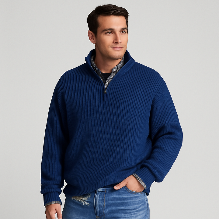 Men's ribbed half-zip sweater with stand collar, perfect for stylish winter layering & casual fashion.