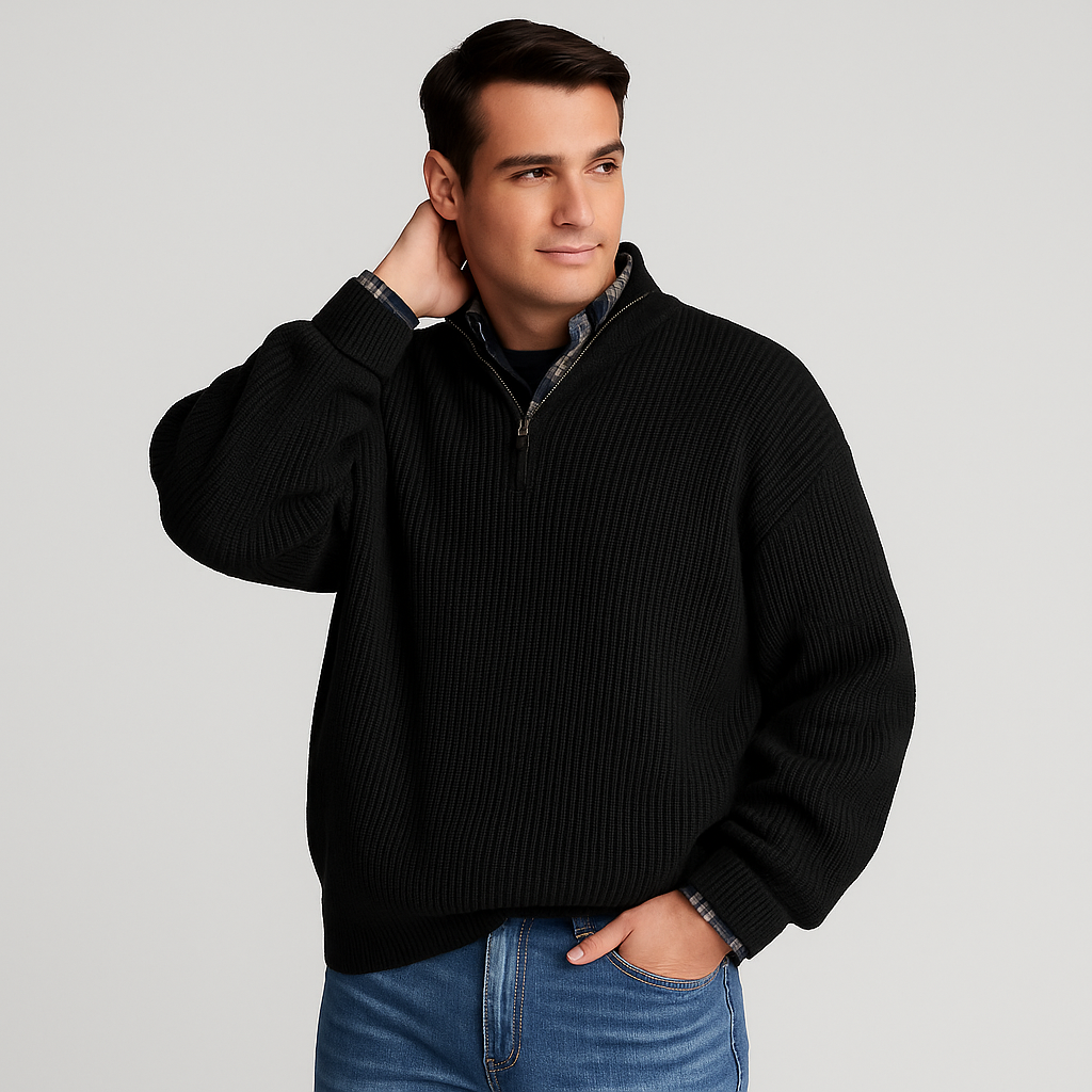 Close-up of a men's ribbed knit half-zip sweater, highlighting texture, stand collar, and quality craftsmanship.