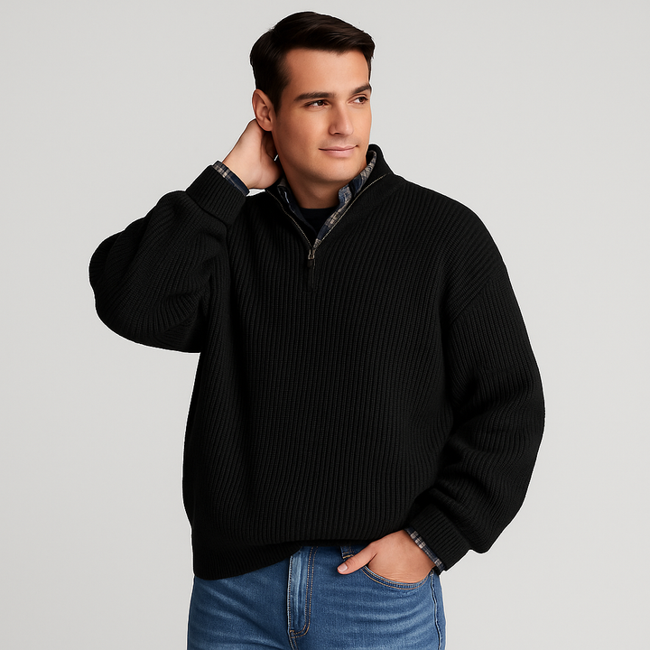 Close-up of a men's ribbed knit half-zip sweater, highlighting texture, stand collar, and quality craftsmanship.