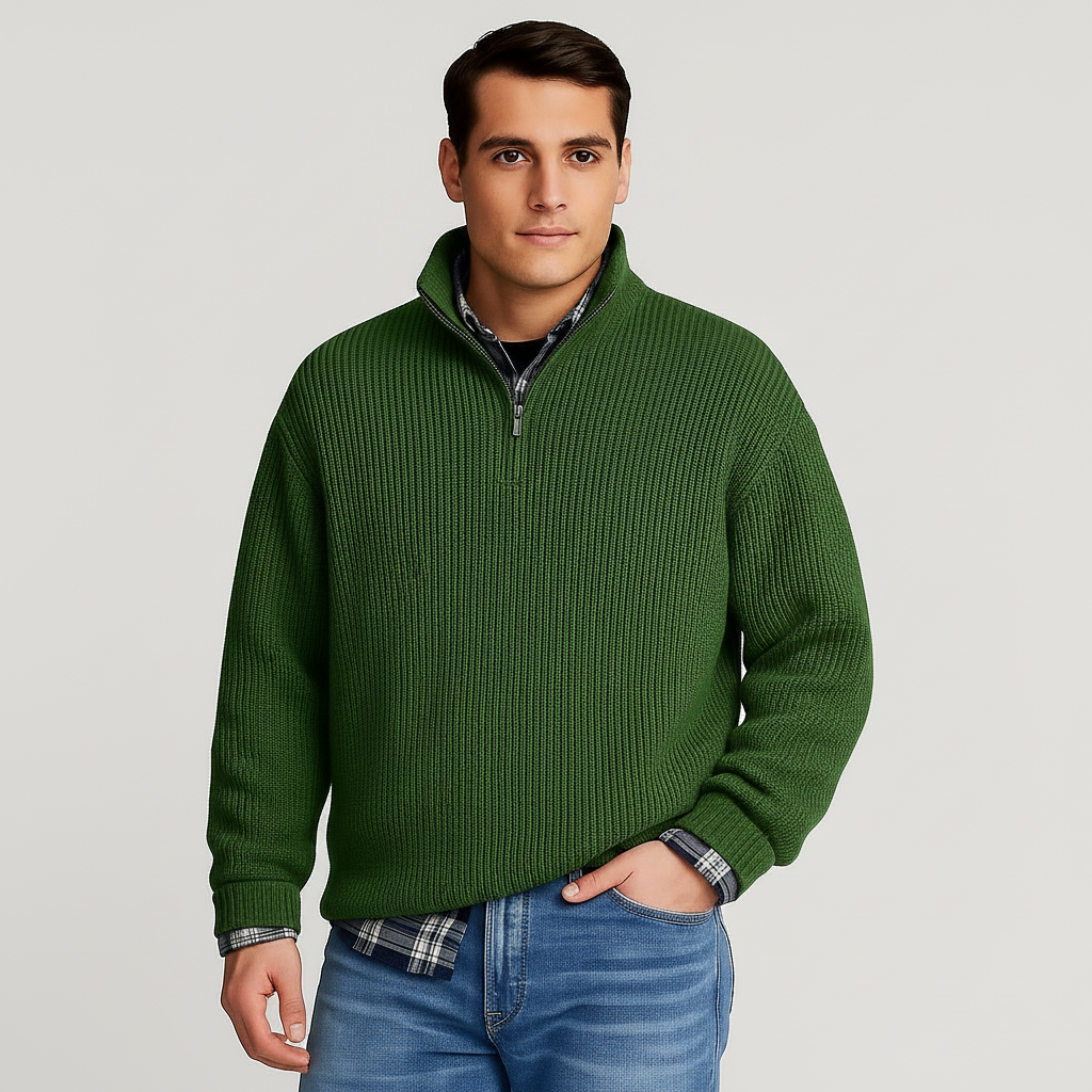Stylish men's casual ribbed half-zip pullover sweater with a classic stand collar, ideal for winter fashion.