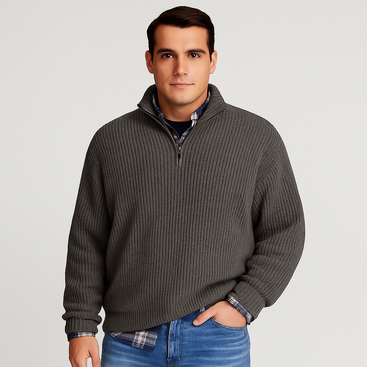 Versatile men's winter wear: warm ribbed half-zip sweater with stand collar, great for layering & comfort.