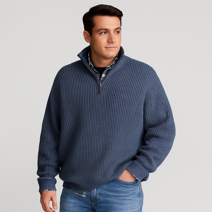 Comfortable men's ribbed half-zip mock neck sweater, a stylish pullover for cold weather and everyday wear.