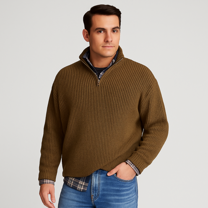 Man wearing a stylish ribbed half-zip sweater with a stand collar, demonstrating a modern casual layered look.