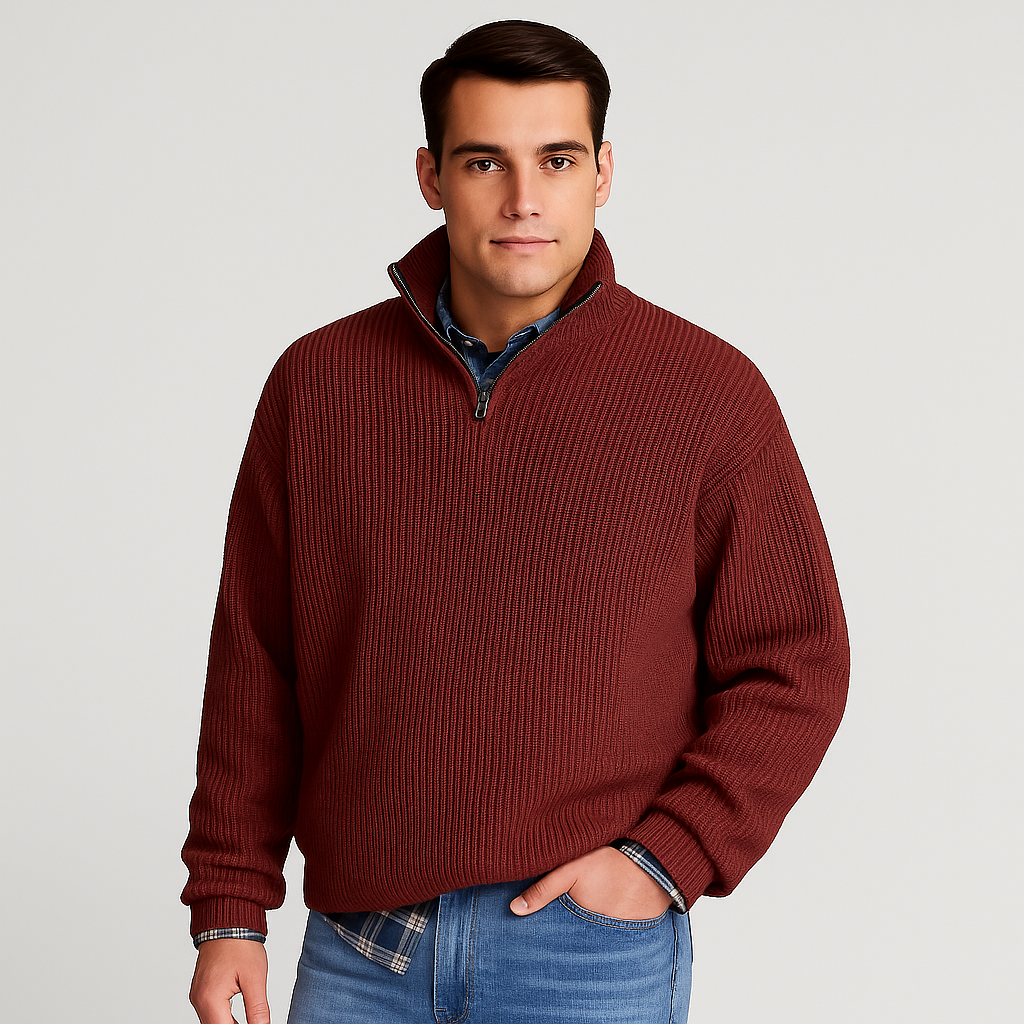 Detail shot: men's ribbed half-zip sweater featuring the stand collar, sturdy zipper, and knit pattern.
