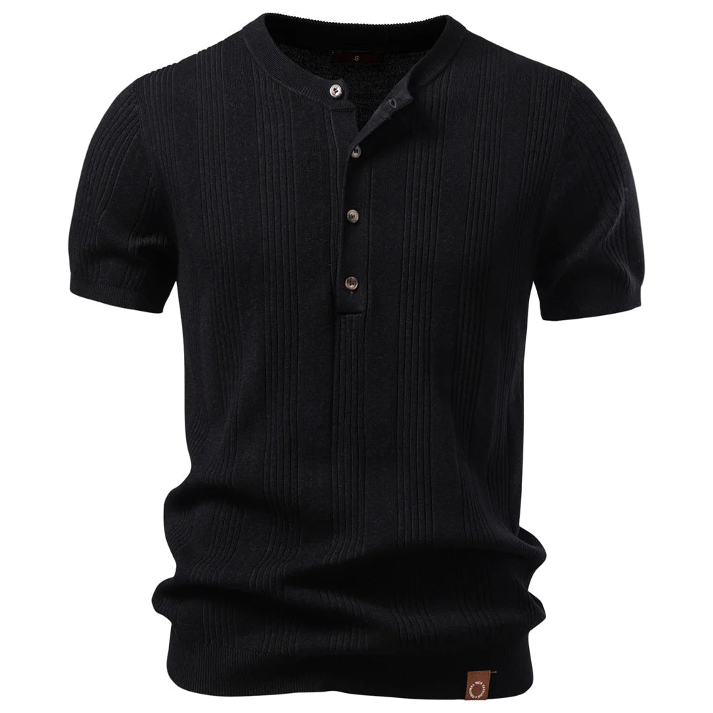 Men's Ribbed Henley Shirt in classic white, short-sleeve design for effortless style and casual comfort.
