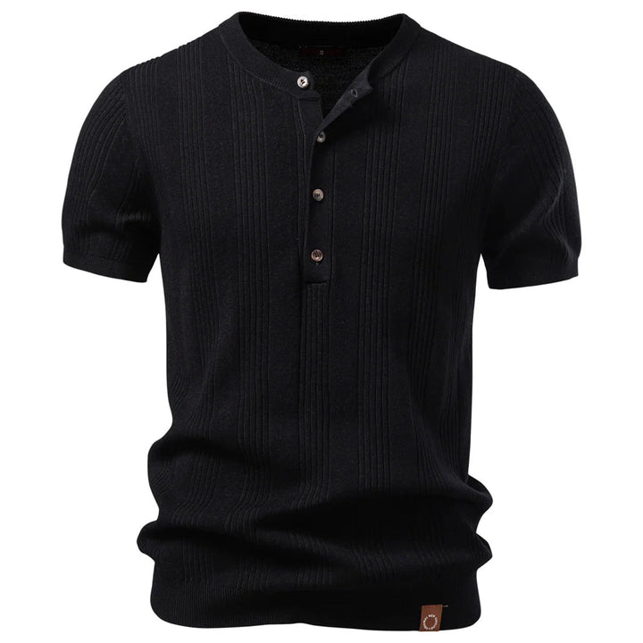 Men's Ribbed Henley Shirt in classic white, short-sleeve design for effortless style and casual comfort.