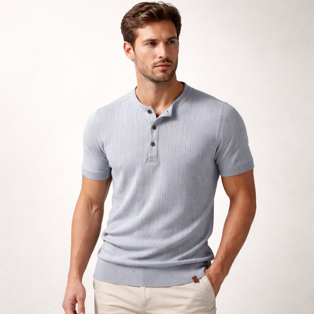 Stylish men's short-sleeve henley in a comfortable ribbed knit, perfect for versatile everyday wear.