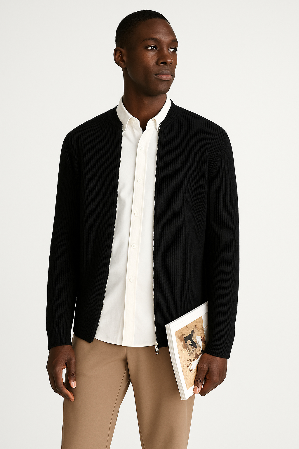 Men's ribbed knit cardigan sweater with versatile double zipper closure, perfect for smart casual and layering.