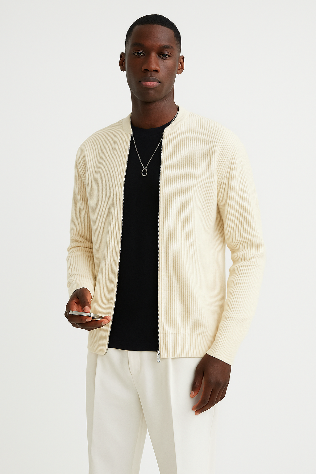 Relaxed fit men's long sleeve ribbed knit zipper cardigan, ideal for versatile casual wear & men's fashion.