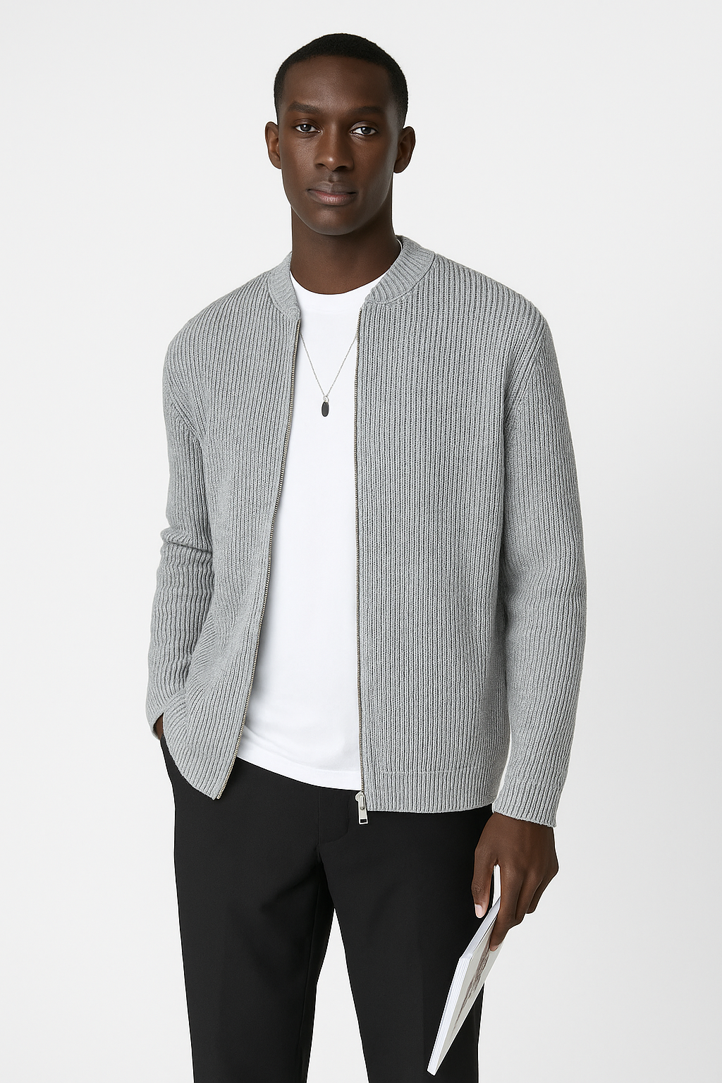 Stylish men's ribbed knit cardigan featuring a double zipper, great for adaptable casual or smart layering.
