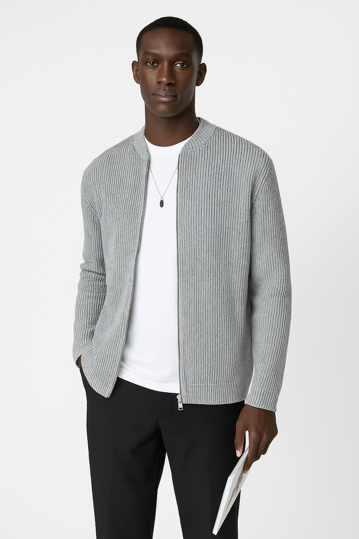 Stylish men's ribbed knit cardigan featuring a double zipper, great for adaptable casual or smart layering.