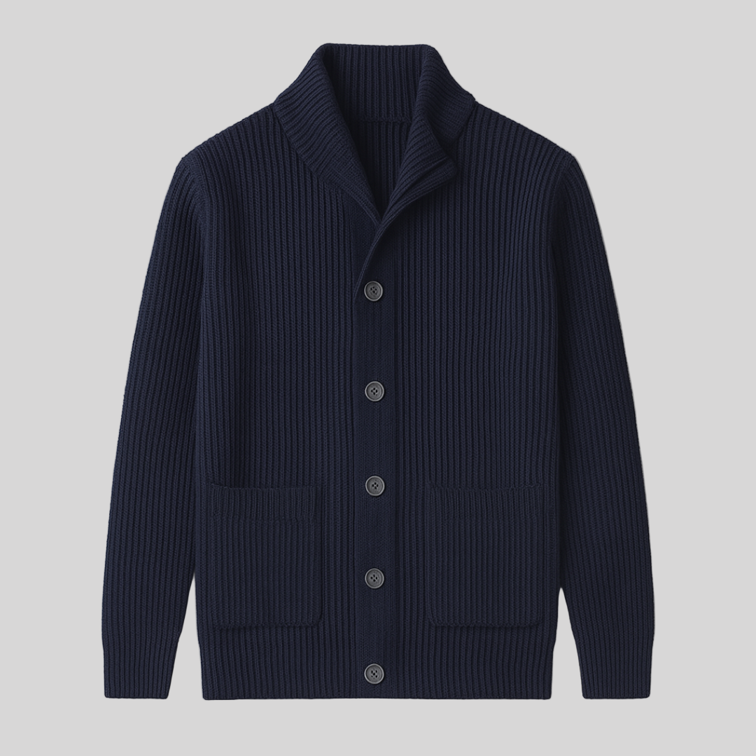 Men's ribbed knit cardigan with a stylish shawl collar and button front. Perfect for fall and winter layering.