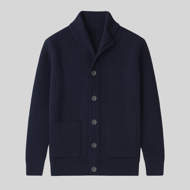 Men's ribbed knit cardigan with a stylish shawl collar and button front. Perfect for fall and winter layering.