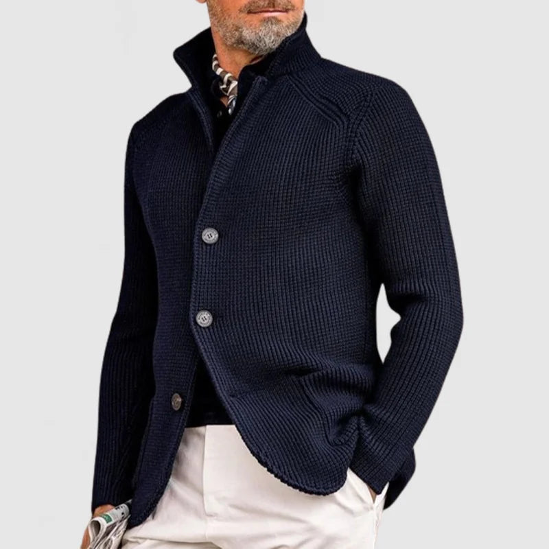 Close-up of a men's chunky ribbed knit cardigan, highlighting the detailed texture and comfortable shawl collar.