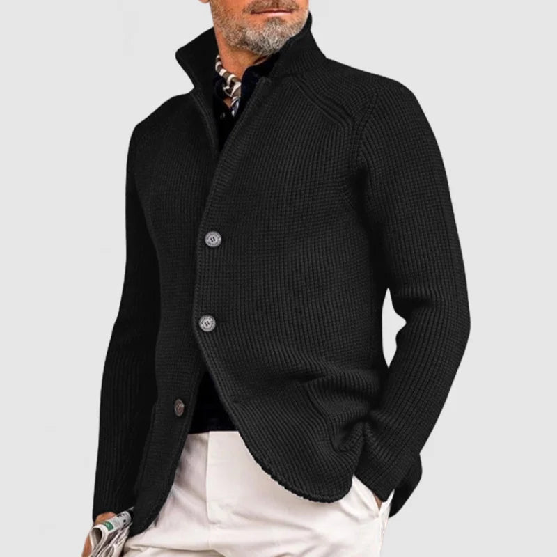 Man wearing a relaxed fit men's ribbed shawl collar cardigan, ideal for casual fall fashion and warmth.