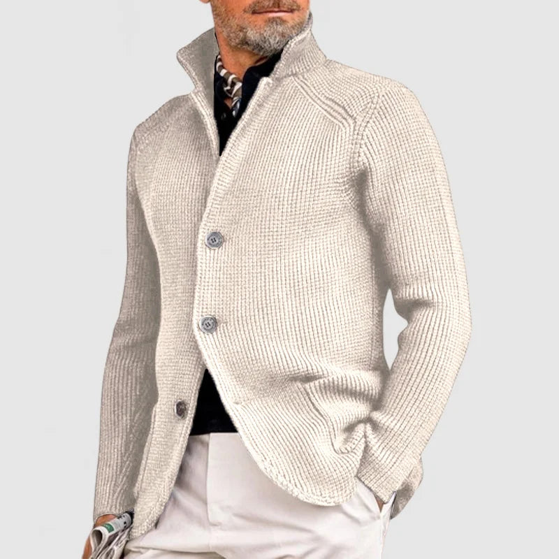 Warm men's ribbed knit cardigan with a shawl collar, perfect outerwear for layering in fall and winter style.